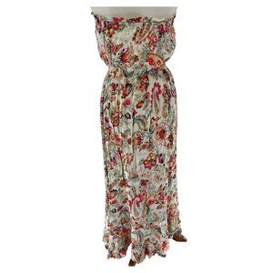 Strapless Floral Bohemian Maxi Dress With Tassel Tie Waist & Ruffled Hemline, S